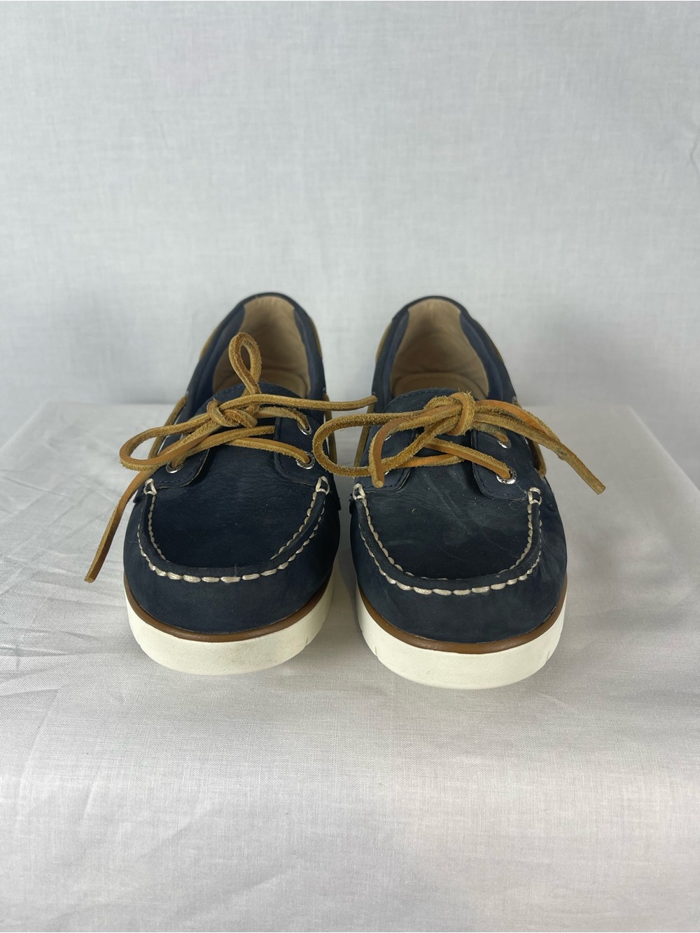 Sperry Navy Leather Boat Shoes with Tan Laces